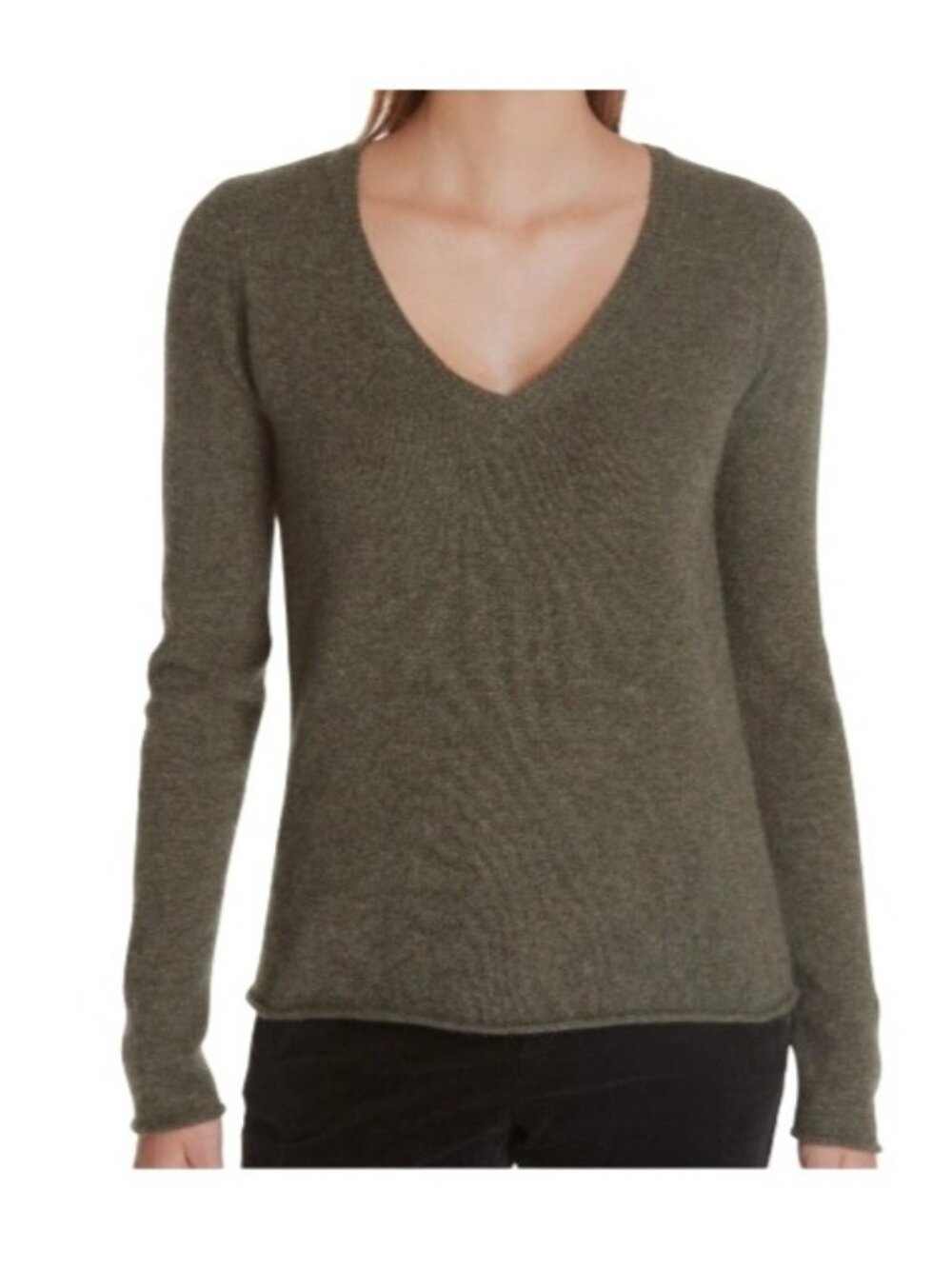 ATM Sweater Women's Large Olive Green 100% Cashmere V-Neck Knit Long Sleeve